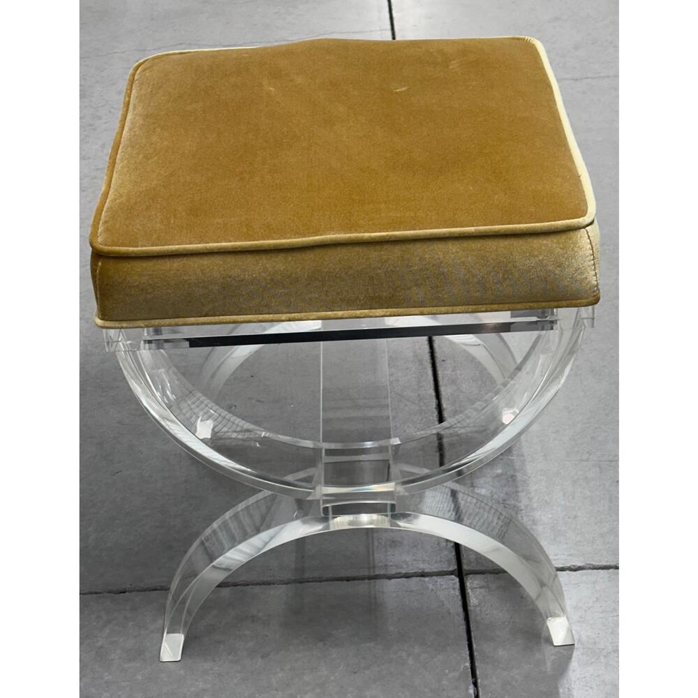 Mid-Century Modernist Curved Lucite Yellow Velvet Vanity Ottoman Accent Bench